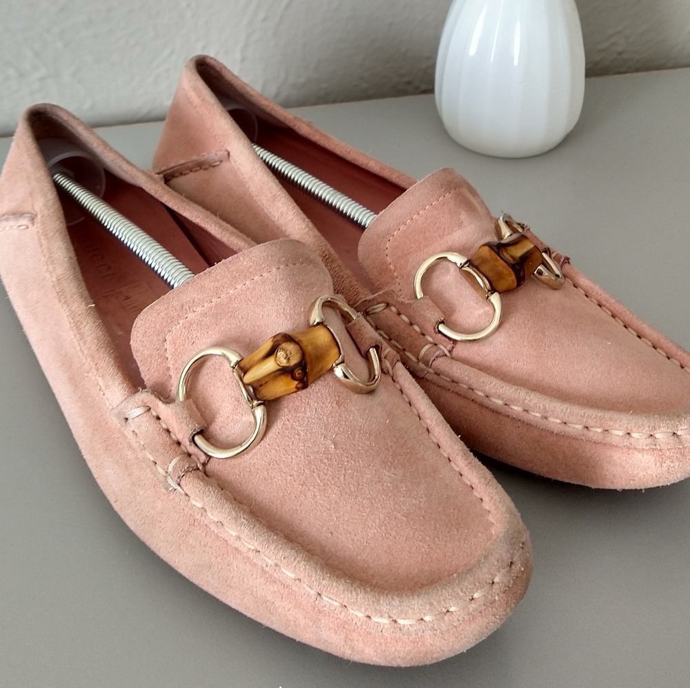 Gucci Womens Pink Blush Suede Bamboo Horse Bit Driving Loafers
